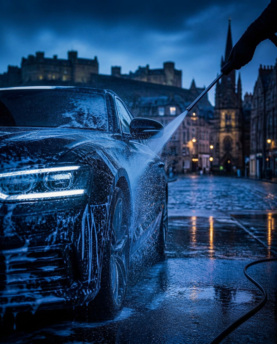 Car being pressure washed at dusk in Edinburgh